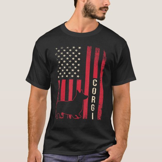 動揺してレトロアメリカ国旗Corgi Dog Tシャツ (正面)