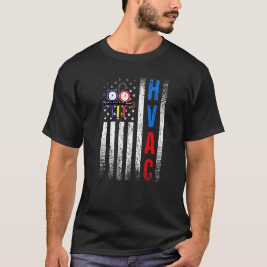 動揺してUSA HVAC誇りを持った Tech AmericanフラグHVAC Tシャツ (正面)