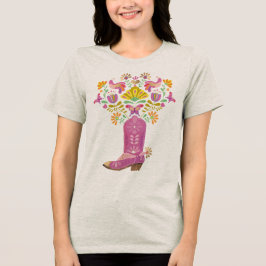 動植物相のピンクのカウボーイのブーツ トライブレンドＴシャツ