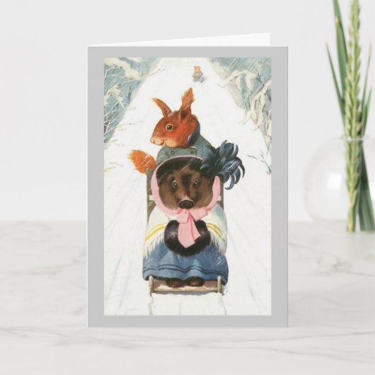 動物おもしろいがそりに出る – ビンテージクリスマス シーズンカード (正面)