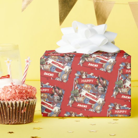 動物おもしろいハッピーバースデー名前の漫画を追加 ラッピングペーパー (誕生日パーティー)