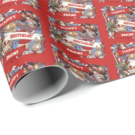 動物おもしろいハッピーバースデー名前の漫画を追加 ラッピングペーパー (ロールコーナー)