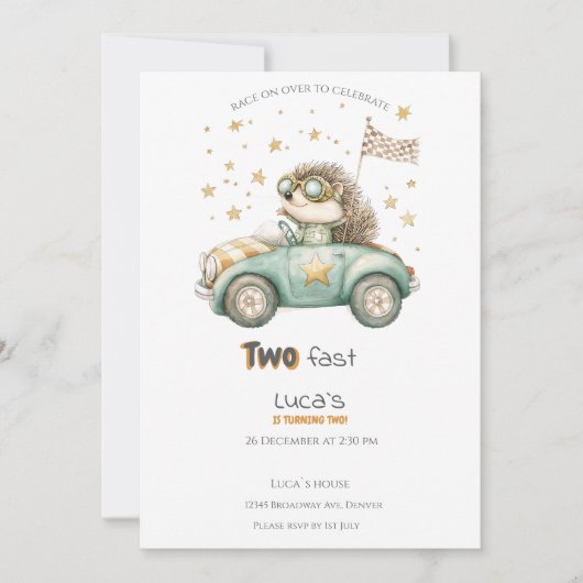 動物おもしろいレース車2回目の誕生日招待状 招待状 (正面)
