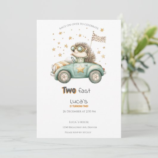 動物おもしろいレース車2回目の誕生日招待状 招待状 (スタンド正面)
