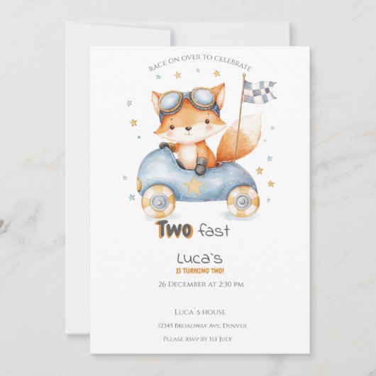 動物おもしろいレース車2回目の誕生日招待状 招待状 (正面)