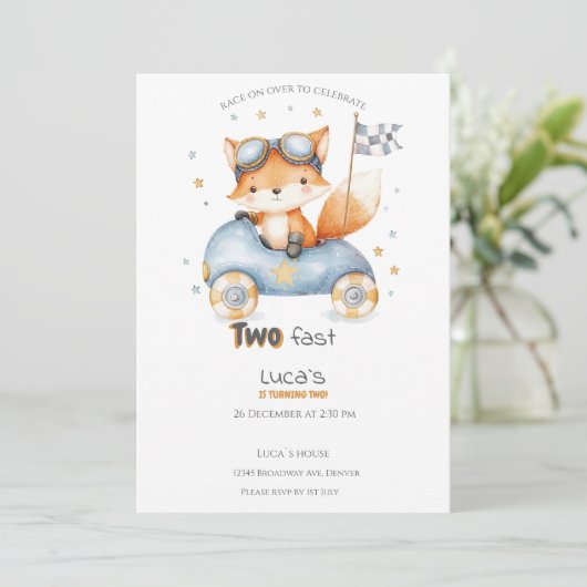 動物おもしろいレース車2回目の誕生日招待状 招待状 (スタンド正面)
