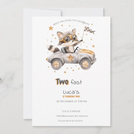 動物おもしろいレース車2回目の誕生日 招待状 (正面)