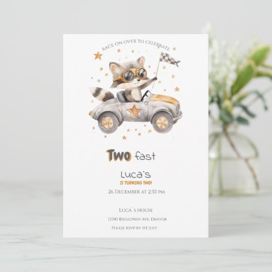 動物おもしろいレース車2回目の誕生日 招待状 (スタンド正面)
