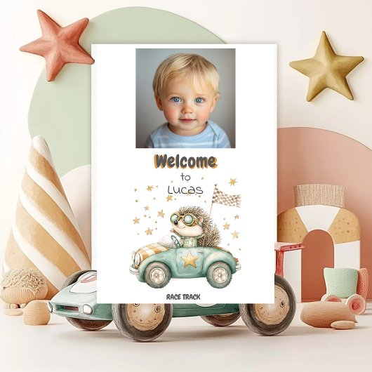 動物おもしろいレース車2ndバースデーウェルカム ポスター