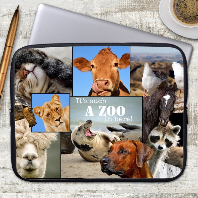 動物おもしろい動物園ラップトップスリーブ ラップトップスリーブ (Laptop sleeve featuring a collage of funny and cute animals)