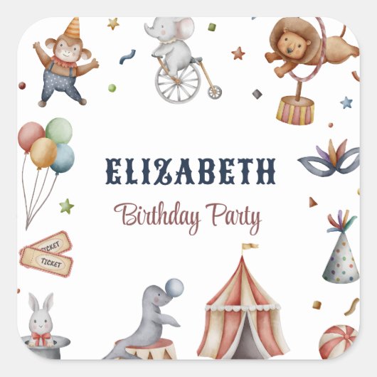 動物お洒落サーカス誕生日パーティー スクエアシール (正面)