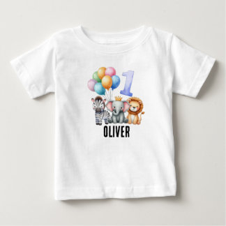 動物がデザインされた名入れ1歳の誕生日 男の子用Tシャツ ベビーTシャツ