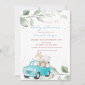 動物が乗った車でドットと花柄のベイビーシャワーのお知らせ 招待状 (正面)
