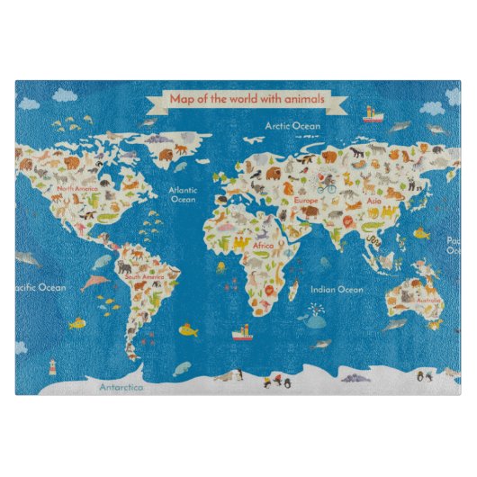 動物が付いている世界の地図をからかいます カッティングボード (正面)