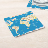 動物が付いている世界の地図をからかいます スクエアペーパーコースター (アングル)