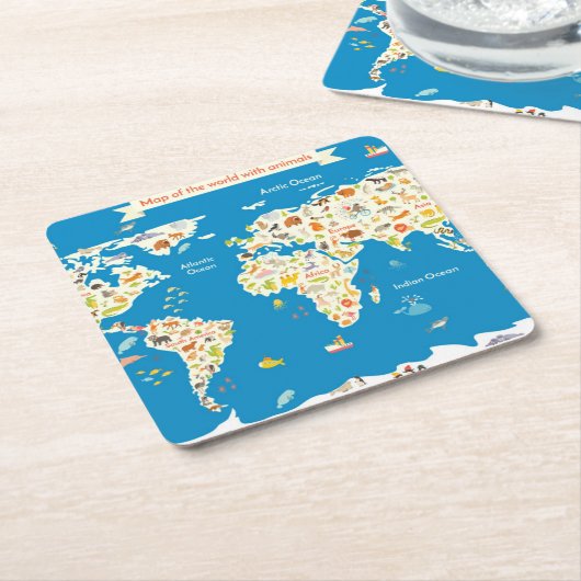 動物が付いている世界の地図をからかいます スクエアペーパーコースター (アングル)