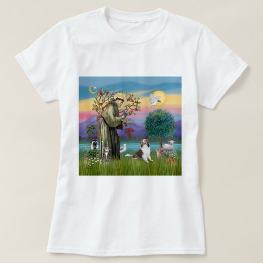 動物たちと共に描かれた聖フランチェスコ - カスタマイズ可能 Tシャツ (デザイン正面)