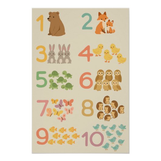 動物で数を数えよう – かわいい教育数字 ポスター (正面)