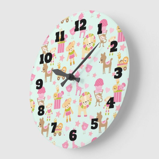 動物とおもちゃお洒落のかわいい柄 ラージ壁時計 (傾斜)