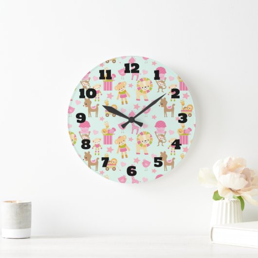 動物とおもちゃお洒落のかわいい柄 ラージ壁時計 (ホーム)