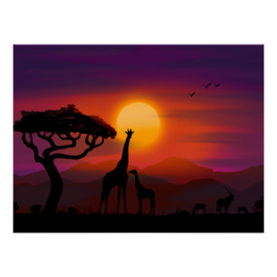 動物とアフリカの夕日 ポスター