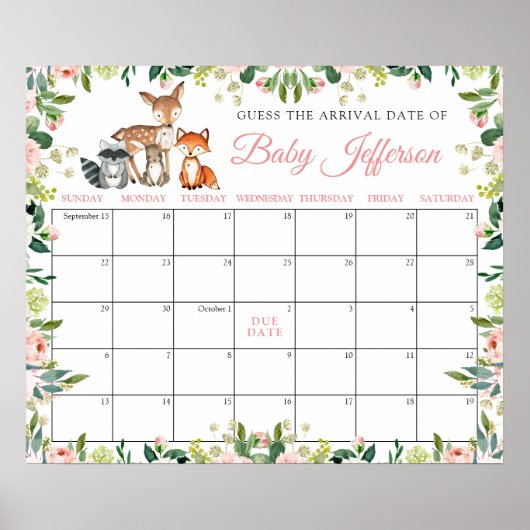 動物とピンクのバラの出産予定日カレンダー ポスター (正面)