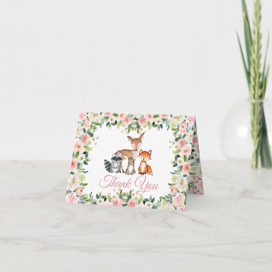 動物とピンクローズベビーシャワーサンキューカード サンキューカード (正面)