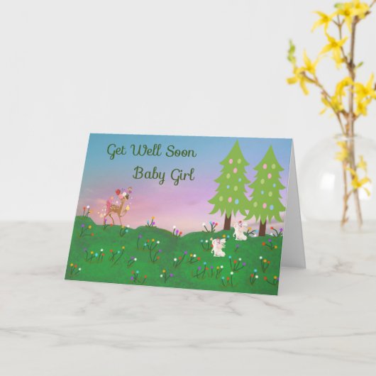 動物と一緒に女の子のウェルカードを手に入れる カード (黄色い花)