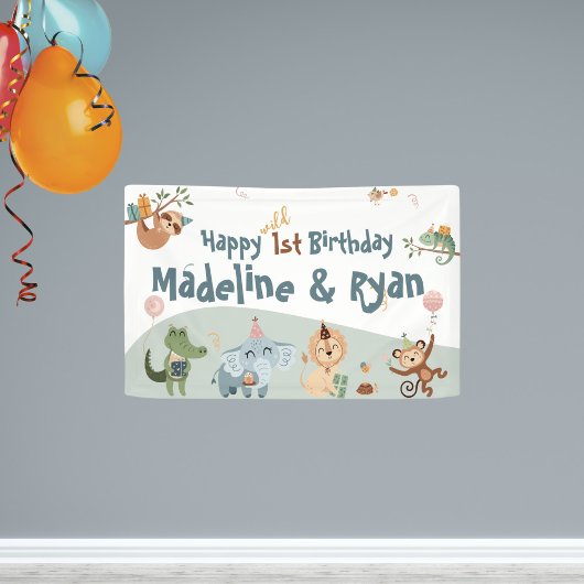 動物と一緒に楽しめるワイルド1歳の誕生日バナー 横断幕