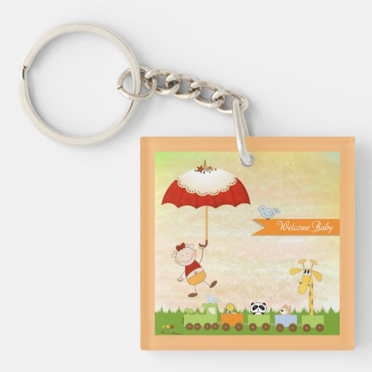 動物と傘を使った赤ちゃんシャワー列車 キーホルダー (正面)
