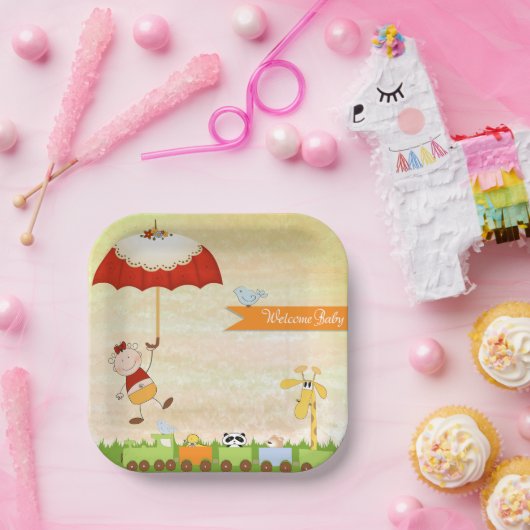 動物と傘を使った赤ちゃんシャワー列車 ペーパープレート (パーティー)