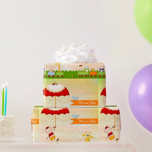 動物と傘を使った赤ちゃんシャワー列車 ラッピングペーパー