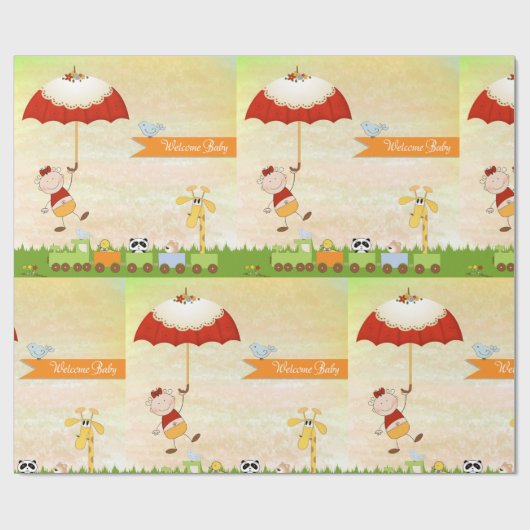 動物と傘を使った赤ちゃんシャワー列車 ラッピングペーパー (フラット)