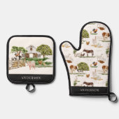 動物と納屋のパターン 鍋つかみ&鍋敷きセット (正面)