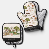 動物と納屋のパターン 鍋つかみ&鍋敷きセット (正面/裏面)