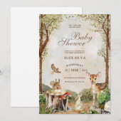 動物と茶緑色の水彩 赤ちゃんのお披露目パーティー 招待状 (正面/裏面)
