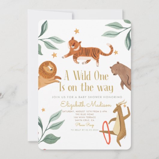 動物と野生の人が赤ちゃんのシャワーを途中で 招待状 (正面)