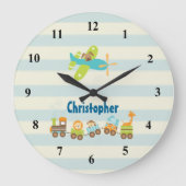 動物のおもちゃの列車そして飛行機はの縞で飾ります ラージ壁時計 (正面)