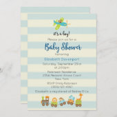 動物のおもちゃの列車と飛行機の赤ちゃん男の子のシャワー 招待状 (正面/裏面)