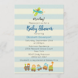 動物のおもちゃの列車と飛行機の赤ちゃん男の子のシャワー 招待状