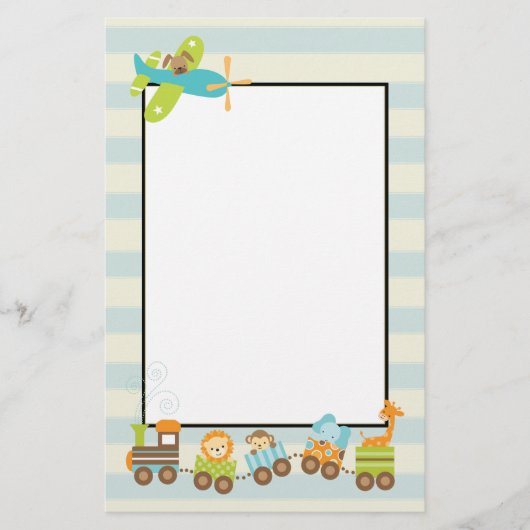 動物のおもちゃ列車とドギー飛行機搭載ストライプ 便箋 (正面)