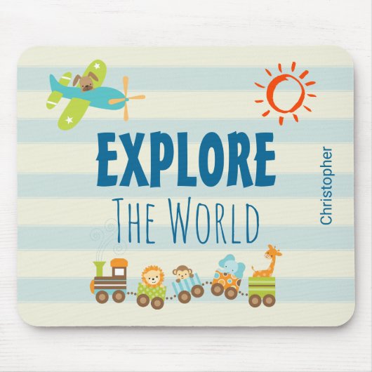 動物のおもちゃ列車と上のストライプ飛行機 マウスパッド (正面)