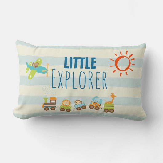 動物のおもちゃ列車と上のストライプ飛行機 ランバークッション (正面)