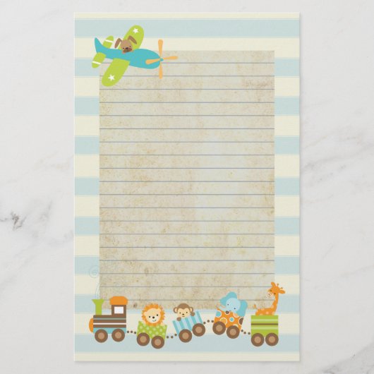 動物のおもちゃ列車と上のストライプ飛行機 便箋 (正面)