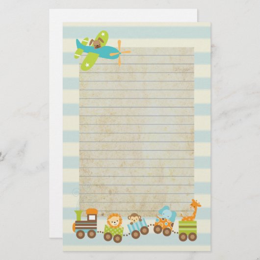 動物のおもちゃ列車と上のストライプ飛行機 便箋 (正面/裏面)