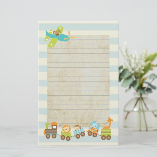 動物のおもちゃ列車と上のストライプ飛行機 便箋 (スタンド正面)