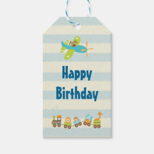 動物のおもちゃ列車と誕生日上のストライプ飛行機 ギフトタグ