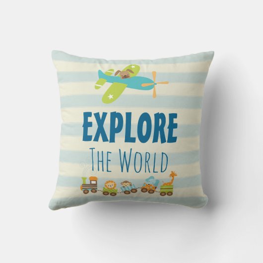 動物のおもちゃ列車と飛行機が世界を探検 クッション (裏面)