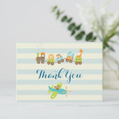 動物のおもちゃ列車と飛行機にストライプ感謝 サンキューカード (スタンド正面)