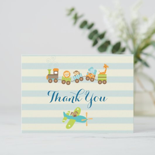 動物のおもちゃ列車と飛行機にストライプ感謝 サンキューカード (スタンド正面)